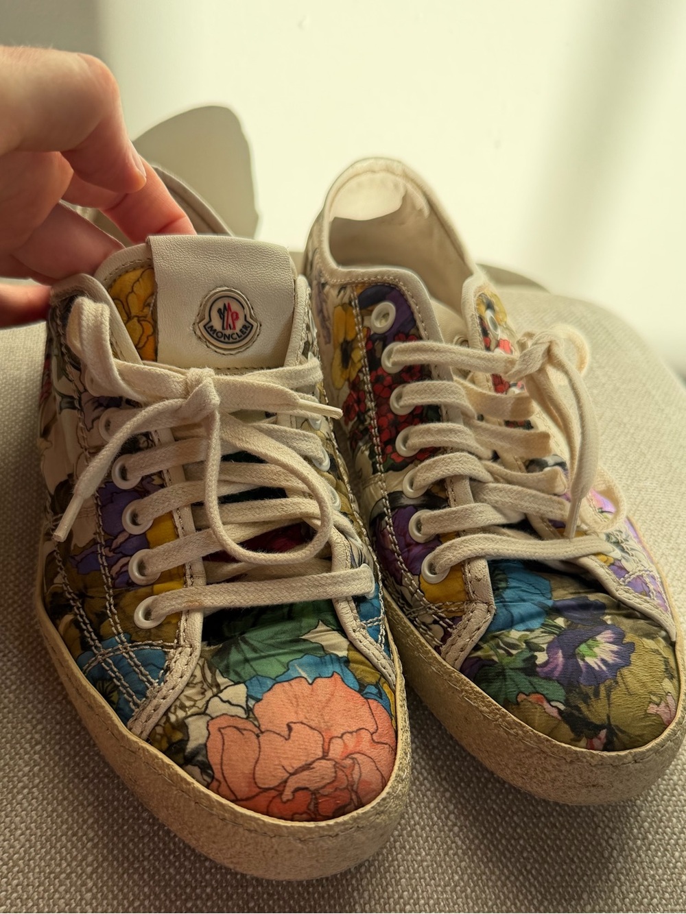 Moncler Floral Canvas Sneakers in Cream, Green, Blue & Purple size 38